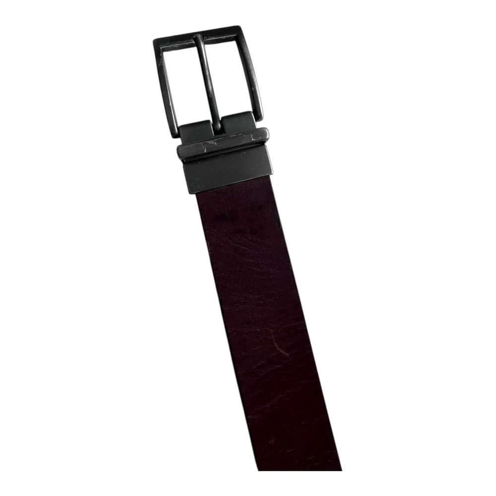 Reversible Genuine Leather Belt Black Burgundy Textured‎ Silver Buckle Men’s M/L